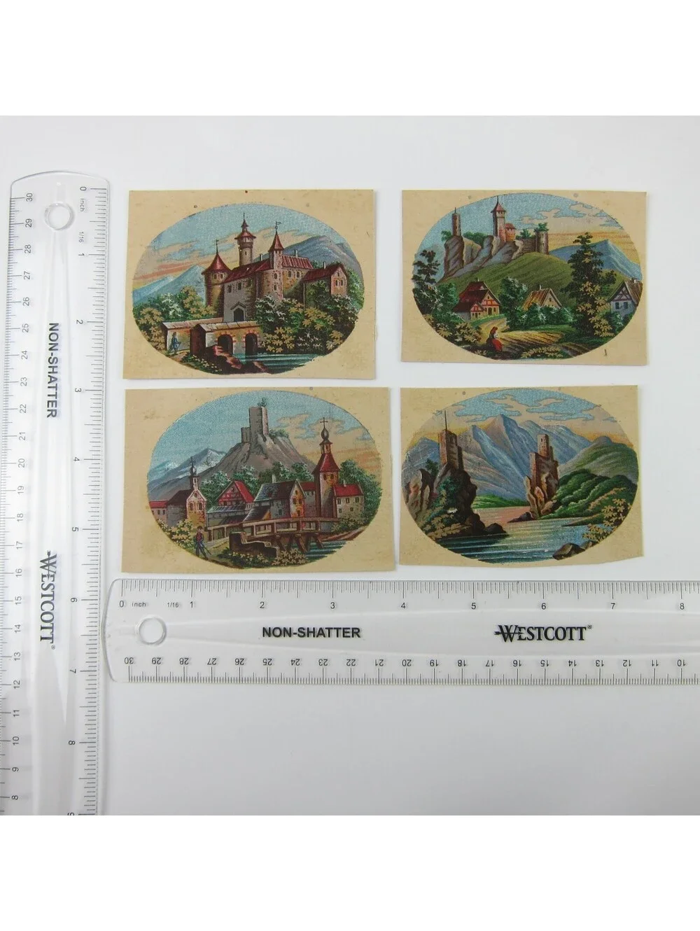 Antique Lithograph Print Samples Lot of 4 Castles Towns Villages Landscapes RARE